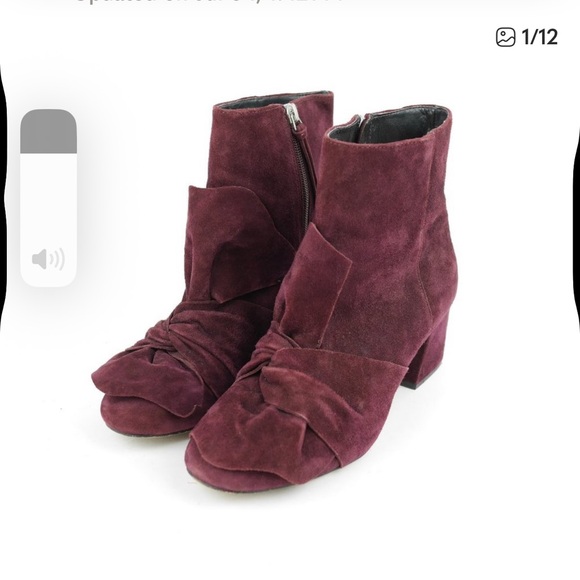 Rebecca Mincoff Lara Bow Ankle Maroon Suede Chunky Heel Booties Boots, Size 6 - Picture 1 of 13